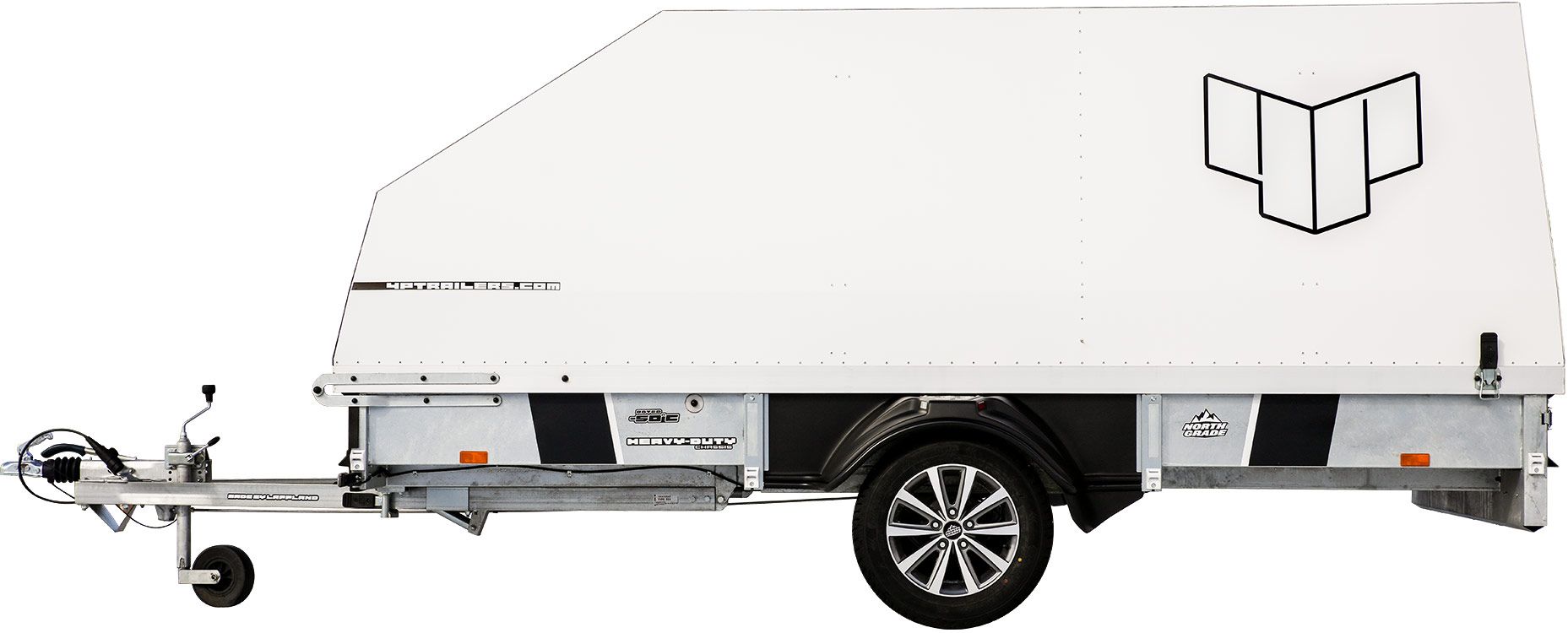 Centralt placerat stödhjul på dragbalkarna hos en 4P Trailers släpvagn